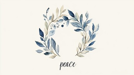 Obraz premium A wreath of leaves, in blue, adorns the word peace in a lovely manner