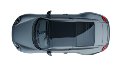 Modern gray sports car seen from above on transparent background