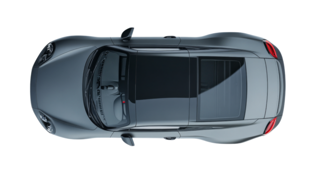 Modern gray sports car seen from above on transparent background