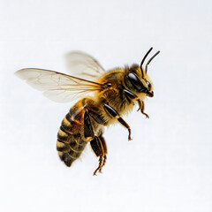 A detailed photograph of a honey bee in flight, captured against a light background, showcasing its intricate features