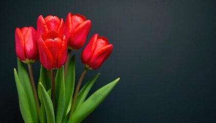 Fototapeta premium Red tulips with slender stems and dark green, pointed leaves, tulip bouquet