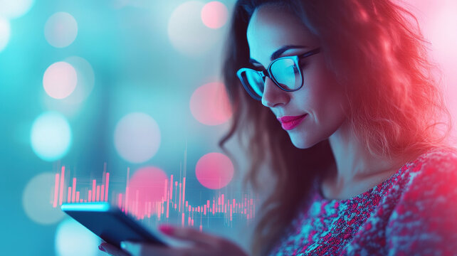 dynamic woman with glasses using smartphone, surrounded by colorful lights and sound wave graphics, conveying modern and tech savvy vibe