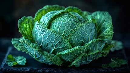 Obraz premium Fresh savoy cabbage sitting on dark surface