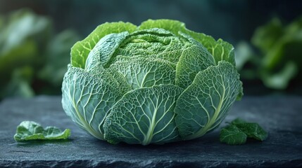 Fresh savoy cabbage sitting on dark stone surface