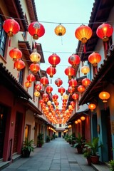Colorful lanterns hanging from buildings and streets, festive, pretty