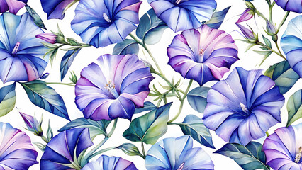 Morning Glory Floral Pattern: A seamless watercolor-style pattern of vibrant morning glory flowers, with shades of blue, purple, and hints of pink. Each bloom is intricately detailed.