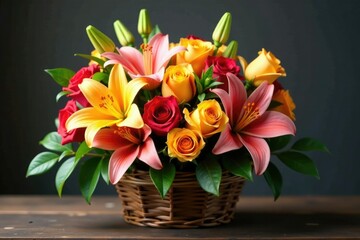 Colorful mix of roses and lilies in a wooden basket, color, basket, arrangement