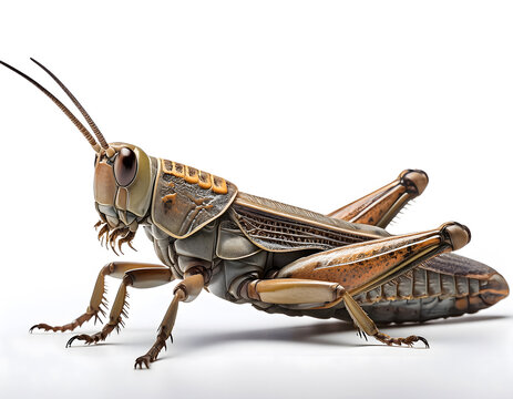 A detailed digital rendering of a grasshopper with long antennae and textured body, posed against a white background