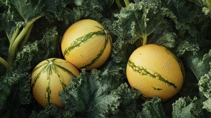 Yellow and green melons nestled amongst vibrant, curly kale leaves in a garden patch.