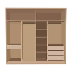 Wooden wardrobe with shelves, drawers, and hanging space for organized storage