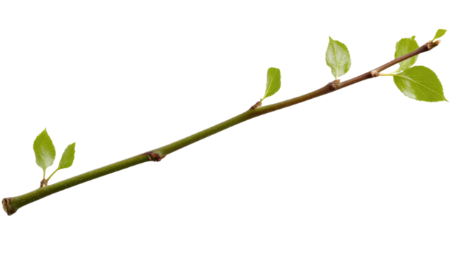 Young twig growing new spring leaves on transparent background