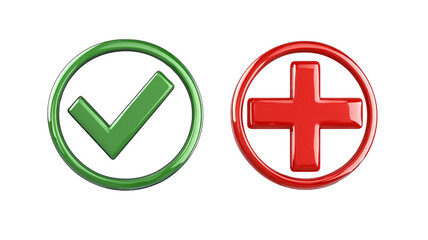 Obraz premium Green check mark and red cross sign on transparent background