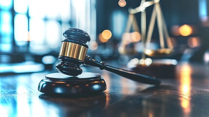 Obraz premium Courtroom justice symbolized by gavel and scales of law in a modern legal environment