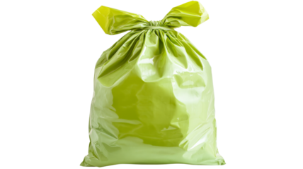 Full green garbage bag tied with transparent background