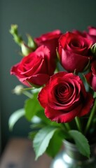 A bouquet of fresh red roses with greenery and foliage, foliage, floral arrangement