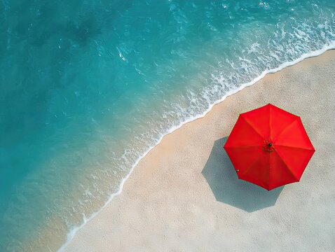 Relaxing day at the beach with a red umbrella tropical shoreline aerial view summer vibes - Powered by Adobe