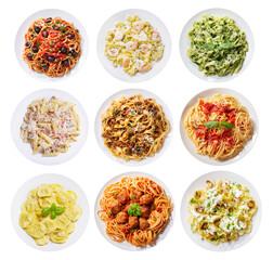 Set of various plates of pasta isolated on transparent background, top view