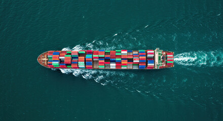 Container Ship: Aerial View of Global Trade, Cargo Transport, and Shipping Industry in Deep Blue Ocean.