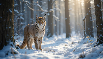 A large brown cat is walking through the snow forest
