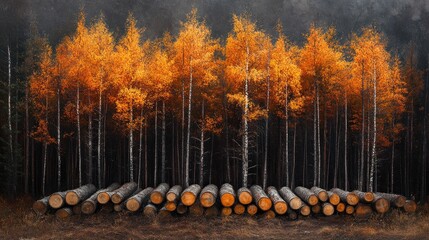 Autumn forest with stacked logs in the foreground