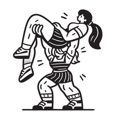 Fototapeta premium Strong Athletic Couple in Dynamic Fitness Pose - Black and White Line Art Illustration