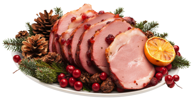 Christmas glazed ham decorated with fruits and pine cones on transparent background