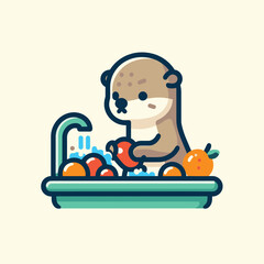 Adorable Otter Washing Fruits in Vibrant Flat Illustration