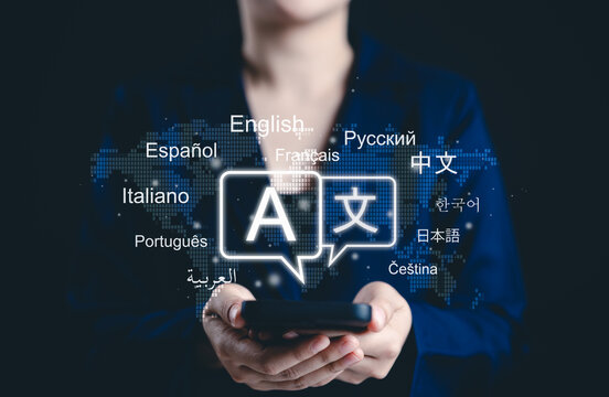 Multilingual language translation technology concept. Woman using smartphone with icons languages, global language translate, multilingual communication, and international connections. AI translator,