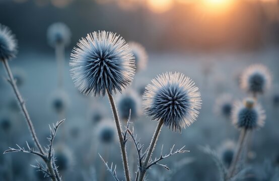 Spherical Echinops sphaerocephalus prickly plants covered with frost on sunny frosty morning. Thistle Carduus herbs bloom in blurred winter landscape. Beautiful medicinal meadow herbs iced in garden.