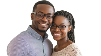 Happy couple smiling and wearing glasses on transparent background