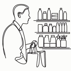 Fototapeta premium Minimalistic One Line Art of a Shopper with Grocery Items on Shelves