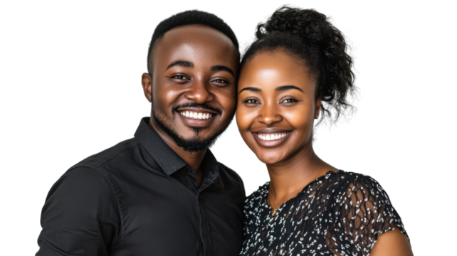 Happy smiling young african couple posing together on transparent background