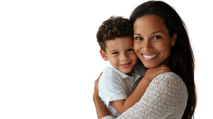 Mother and son embracing, smiling, on a transparent background