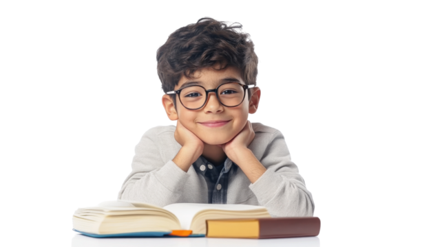 Smart young student smiling at desk with open book on transparent background