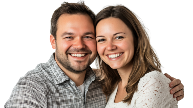 Happy couple smiling and embracing on transparent background