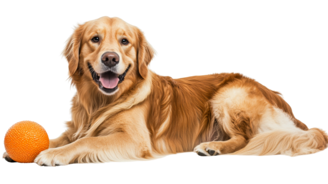 Golden retriever lying down with orange ball on transparent background