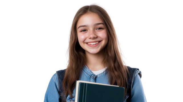 Smiling student girl holding book and wearing backpack on transparent background