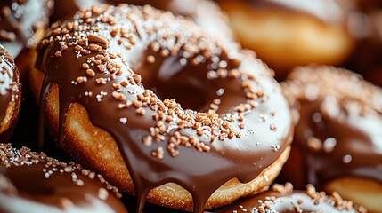 Shiny chocolate-glazed donuts, sprinkled. Delectable pastry with tempting drip glaze