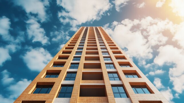 Construction Ash Cement Concept, Modern High Rise Building with Fly Ash Cement Under Blue Sky and Clouds