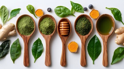 Wooden spoons displaying matcha, honey, and turmeric powders with ginger and green tea leaves