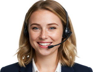 Smiling Blonde Customer Service Representative Wearing Headset Professional Portrait