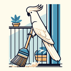 Fototapeta premium Cockatoo Cleaning a Balcony with Broom - Charming Flat Illustration in Subtle Tones