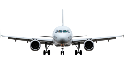 White passenger airplane flying on transparent background