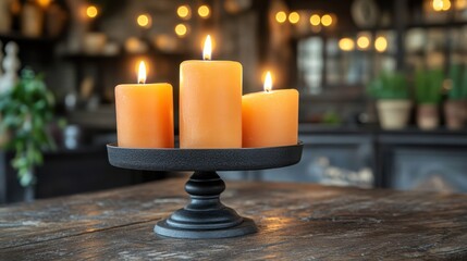 Elegant retro metal candlestick with three burning candles cozy living room home decor warm lighting