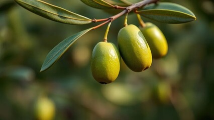 Obraz premium A green olive hanging from the branch with stem, branch, green, olive