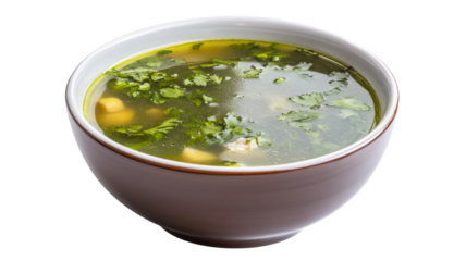 Bowl of green hot soup with meat and cilantro on transparent background