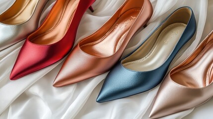 Shiny, colorful silk high heels in a row on soft, white satin fabric