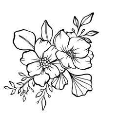 Wild Florals Bouquet Ink Drawing Illustration