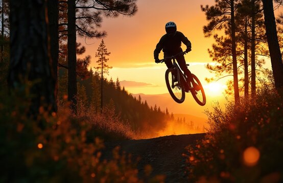 Man jumping high on mountain bike over hill at sunset. Silhouette of biker wearing helmet. Extreme sport outdoor activity in mountain forest at summer. Pro cyclist silhouette riding bicycle.