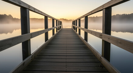 Wooden boardwalk on misty lake at dawn, serene nature landscape with symmetrical reflection, peaceful meditation and tranquility concept, outdoor wellness and mindfulness